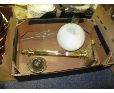 Brass corinthian column oil lamp burner with cream, shade and two glass funnels. 