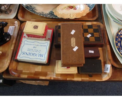 Tray of assorted games to include playing cards, Muggins card game, monopoly, draughts board and counters etc. 