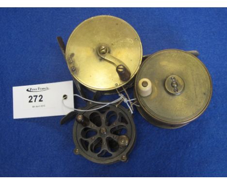 Army and Navy brass plate wind reel with ivory knob, 3" crank wind brass reel and ventilated brass reel 2 1/4" diameter.  (3)