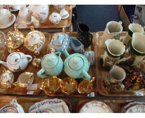 Three trays of assorted china to include Victorian dresser jugs, copper lustre wares, part tea sets, sunflower design teapot 