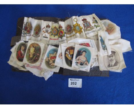 Booklet of assorted silk flags to include regiment badges, military personnel, portraits, ceramic art, flags etc.