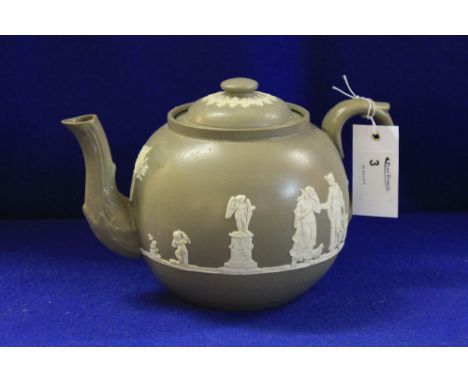 19th century English salt glazed pottery globular relief decorated teapot and cover. Impressed 'England'. 