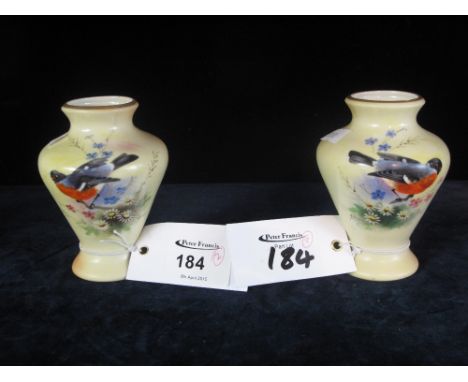 Pair of small Locke & Co Worcester vases hand painted with Bull Finches, signed G. Lewis (2).