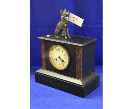 Late 19th century black slate and marble two train figure mounted mantle clock, with German Sheppard dog mount and French bra