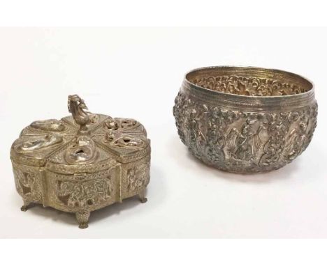 INDIAN WHITE SILVER SPICE BOX AND INDIAN WHITE METAL PLANTERthe box in six sections, the central finial modelled as an exotic