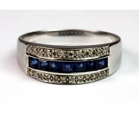 A 9ct white gold (stamped 9K) sapphire and diamond ring. (Q), approx. 4g.  Please note this lot is a credit card reclaim item