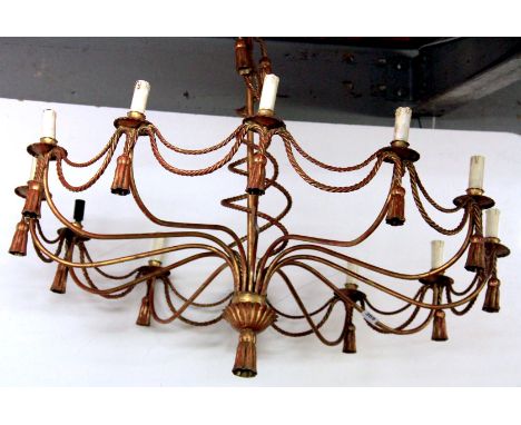 A large red painted and gilt metal chandelier light fitting, Dia. 97cm, Depth. 80cm.