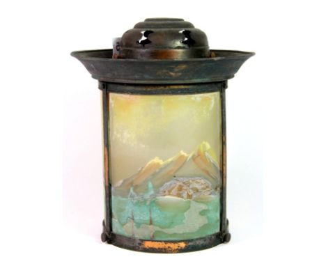 A 1920's hand painted glass and copperised metal porch light, H. 23cm.