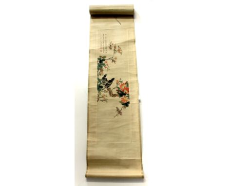 A mid 20th century Chinese hand painted scroll, W. 40cm.