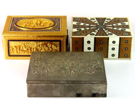 A gilt and enamel velvet lined casket, 12 x 9 x 6cm, together with an Indian cigarette box and a 1930's cigarette box.