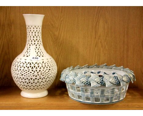 Large porcelain fruit basket D. 35 cms and a Chinese style pierced white porcelain vase/lamp base H. 36 cms