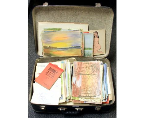 A case of mixed watercolours signed M. Eunson