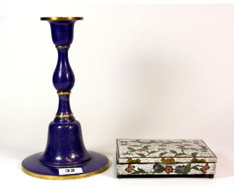 A Chinese gilt cloisonné candlestick (H. 26cm) and a cloisonné box.