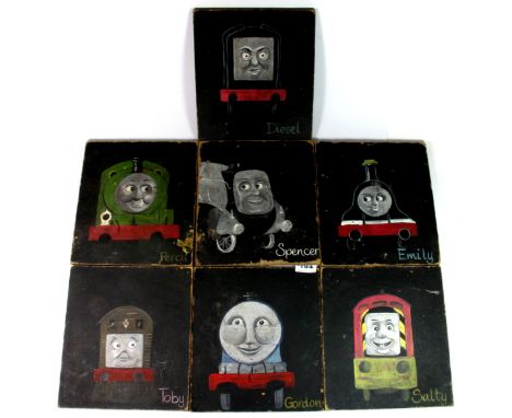 A set of seven original hand painted design boards for Thomas The Tank Engine characters, 23 x 25cm.