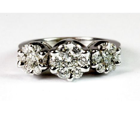 14ct white gold triple diamond cluster ring (stamped 14ct). K. Approx 1ct diamonds and 4.9 grams. I stone missing. Please not