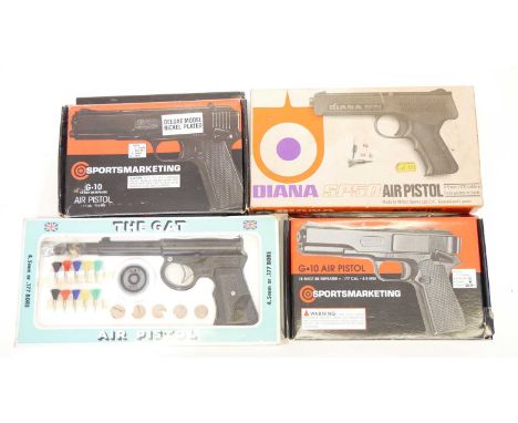 Four boxed .177 air pistols, to include two Sportsmarketing G10 air pistols, Diana SP50, and a GAT. No licence required to bu