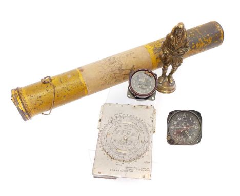 Air Ministry navigational computer MkIII D * also an 8-day aircraft clock, a MkIII boost gauge, a survival kite tin with the 