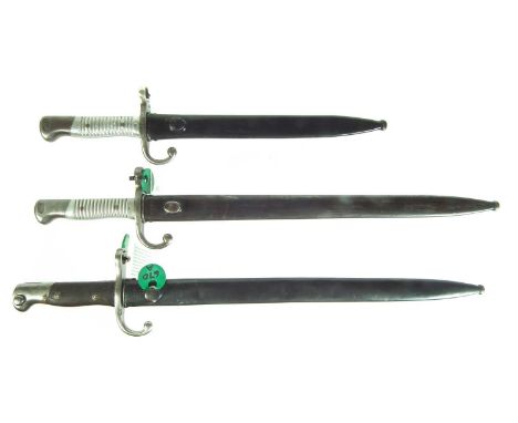 Three Argentinian bayonets and scabbards, to include two versions of the M.1891.The first stamped with the Argentina crest, m