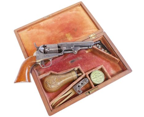 Cased Colt .31 1849 pocket revolver, 4 inch octagonal barrel stamped 'Address Colt New York' matching serial numbers 124221, 