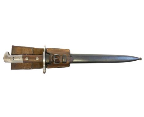 Swiss M1918 bayonet, scabbard and frog, produced between 1950-1958 right ricasso stamped Elsener Schwyz Victoria, the pommel 