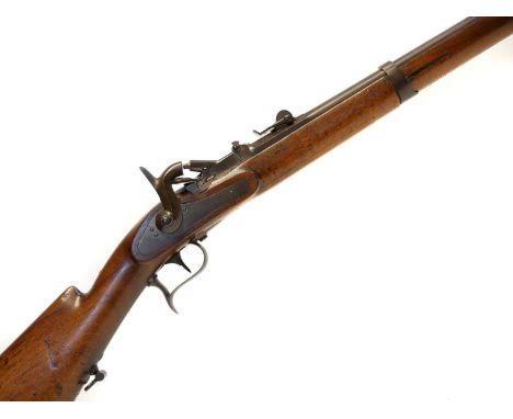 Swiss Milbank Amsler .41 rimfire rifle, 33 inch four groove rifled barrel secured by two sprung bands, stamped with crest and