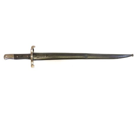 Kropatshek M.1886 rifle bayonet and scabbard, stamped with two 3's back to back, otherwise unmarked. 61cm long 