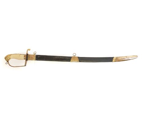 Georgian Naval Officers sword and scabbard by Drury, 25 inch curved fullered Solingen blade with blue and gilt etched decorat