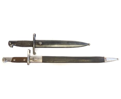 Two Spanish bayonets and scabbards, to include:1893/16 M1913 used on Spain's carbine rifle, having a longer blade than the 18