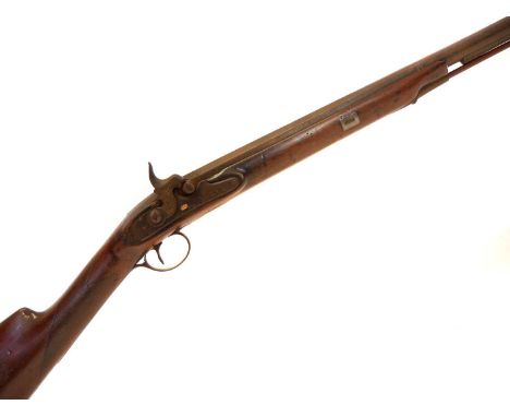 Dixon percussion 18 bore sporting gun, converted from flintlock, 33 inch Spanish form barrel, iron furniture with pineapple f