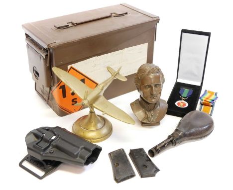 Ammunition tin and contents, including Scottish and North Irish Yeomanry formation medal, brass Spitfire desk ornament, resin