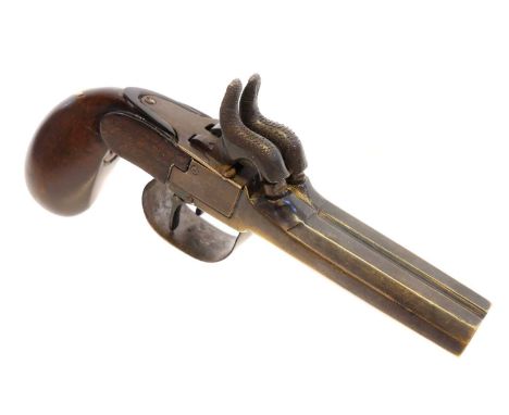 Percussion double-barrel pocket pistol, with twin octagonal brass 54 barrels, the boxlock action fitted with dolphin head ham