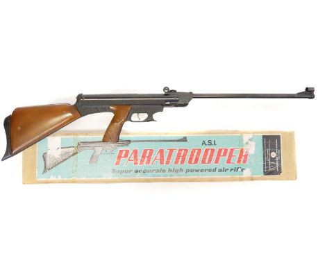 ASI Gamo Paratrooper boxed .22 air rifle, 17.5 inch barrel, serial number 730300, the box containing instructions and target.