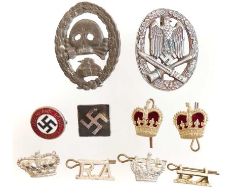 Collection of badges of Third Reich interest, to include a 'field made' Spanish tank badge of Prienzen type, General assault 