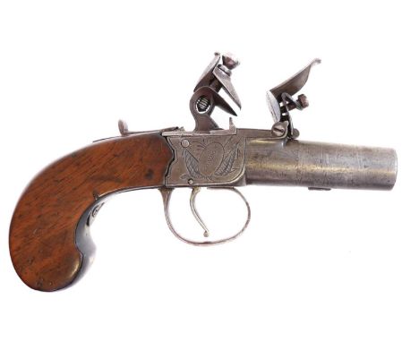 Flintlock pocket pistol by Twigg, 1.5 inch turnoff 50 bore barrel, action engraved with flags and Twigg London. Section 58(2)