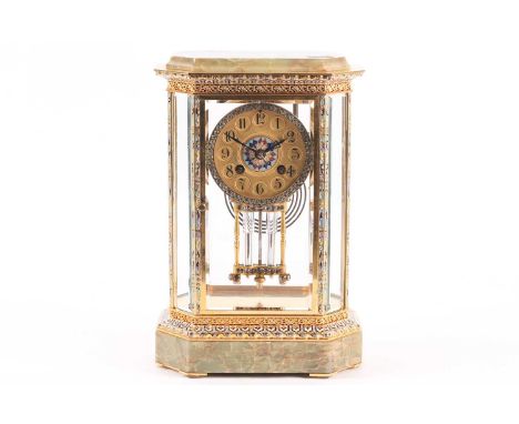 A French early 20th century 8 day eight glass champleve and gilt brass (silver medal) mantle clock, chiming on a gong, the lo