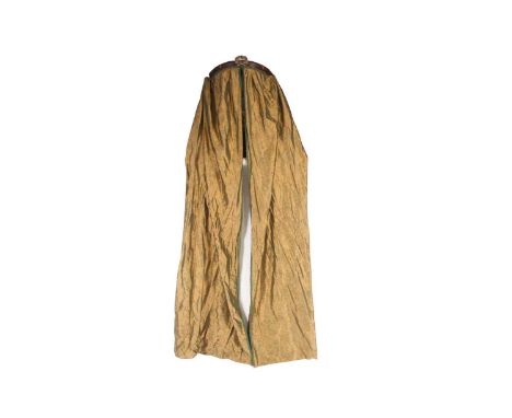 A 19th-century French parcel-gilt mahogany tied reed bed coronet with floral wreath mantle. Draped with green/blue shot silk 
