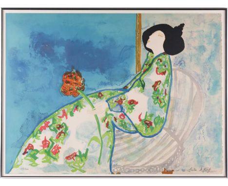 Linda Le Kinff (b.1949), 'La Femme Bleu', limited edition signed lithograph, numbered 112/200, 47 cm x 64.5 cm with margins, 
