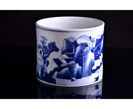 A large Chinese blue &amp; white Kangxi style bitong, of cylindrical form, painted with a landscape of two scholars and an at