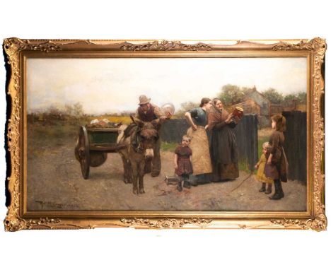 Robert McGregor RSA (1847-1922) Scottish, a large oil on canvas, a family looking at the ceramic wares of a trader, a donkey 