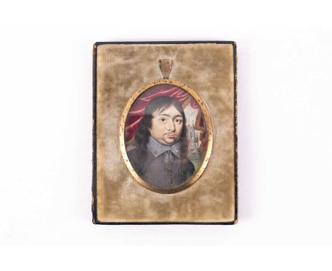 A 17th-century portrait miniature of Admiral Van Tromp, in an Asprey leather easel back frame, 10.5 cm x 8.4 cm (full dimensi