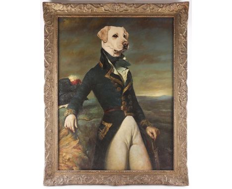 Thierry Poncelet (b. 1946) Belgian, portrait of a labrador in military uniform, oil on board, signed to lower left corner, 83