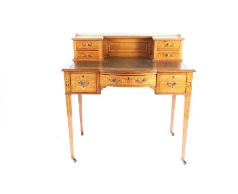 An Edwardian marquetry inlaid pale rosewood ladies Bonheur de Jour in the style of Edwards &amp; Roberts with single frieze a