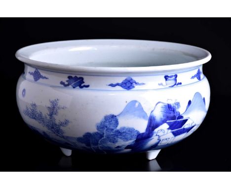 A large Chinese porcelain blue &amp; white Kangxi style censer, painted with scholarly figures in a mountainous landscape wit