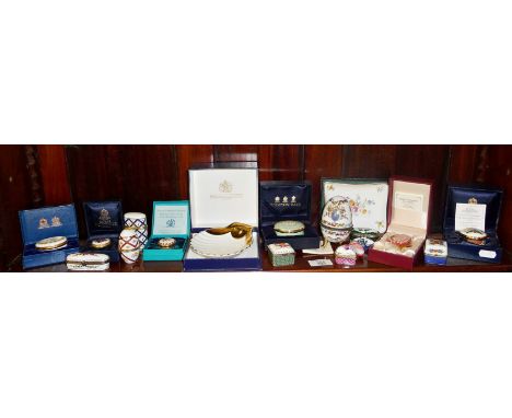 Halcyon Days, Royal Worcester, Staffordshire Enamels, enamel pill boxes in original boxes, together with Del Prado porcelain 