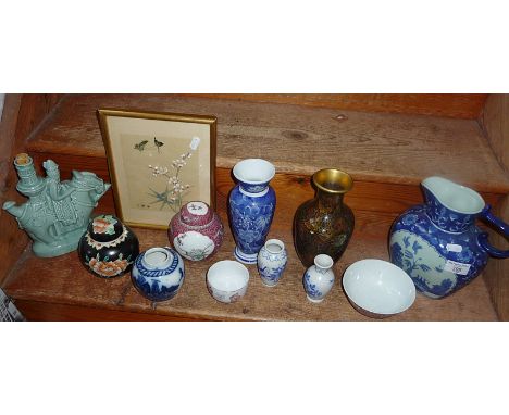 Three ginger jars and other pottery (one shelf)