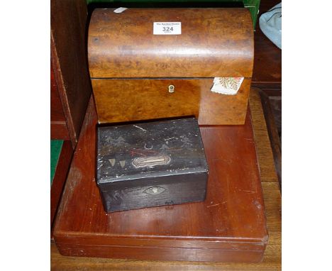 19th c. walnut dome topped tea caddy box, two other boxes and a collection of Kensitas silk flowers