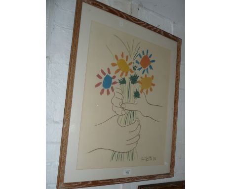 Colour lithograph by Picasso of two hands with flowers, his Bouquet of Peace, 29" x 23" inc. frame