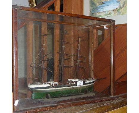 Victorian cased painted wood sailing ship model, glazed case (with two panes missing), 24" long x 19" tall