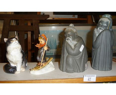 Royal Doulton cat, Hummel skier figure and two Lladro Chinese man figures