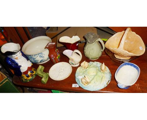 Sylvac Art Deco bunnies posy dish, Victorian jug, 19th c. pearlware grinning toby jug, etc.